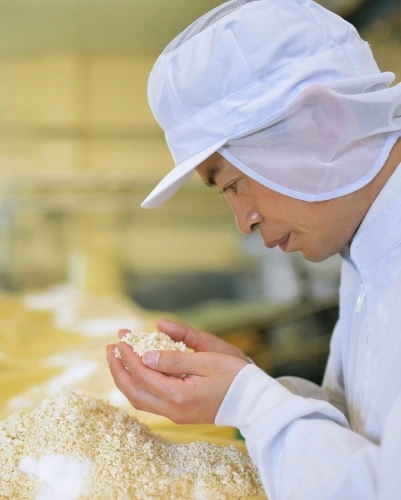 真剣な眼差しで米選びをする写真