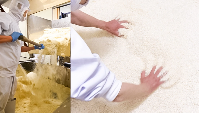 糀室に移し、糀の固まりをほぐしている写真